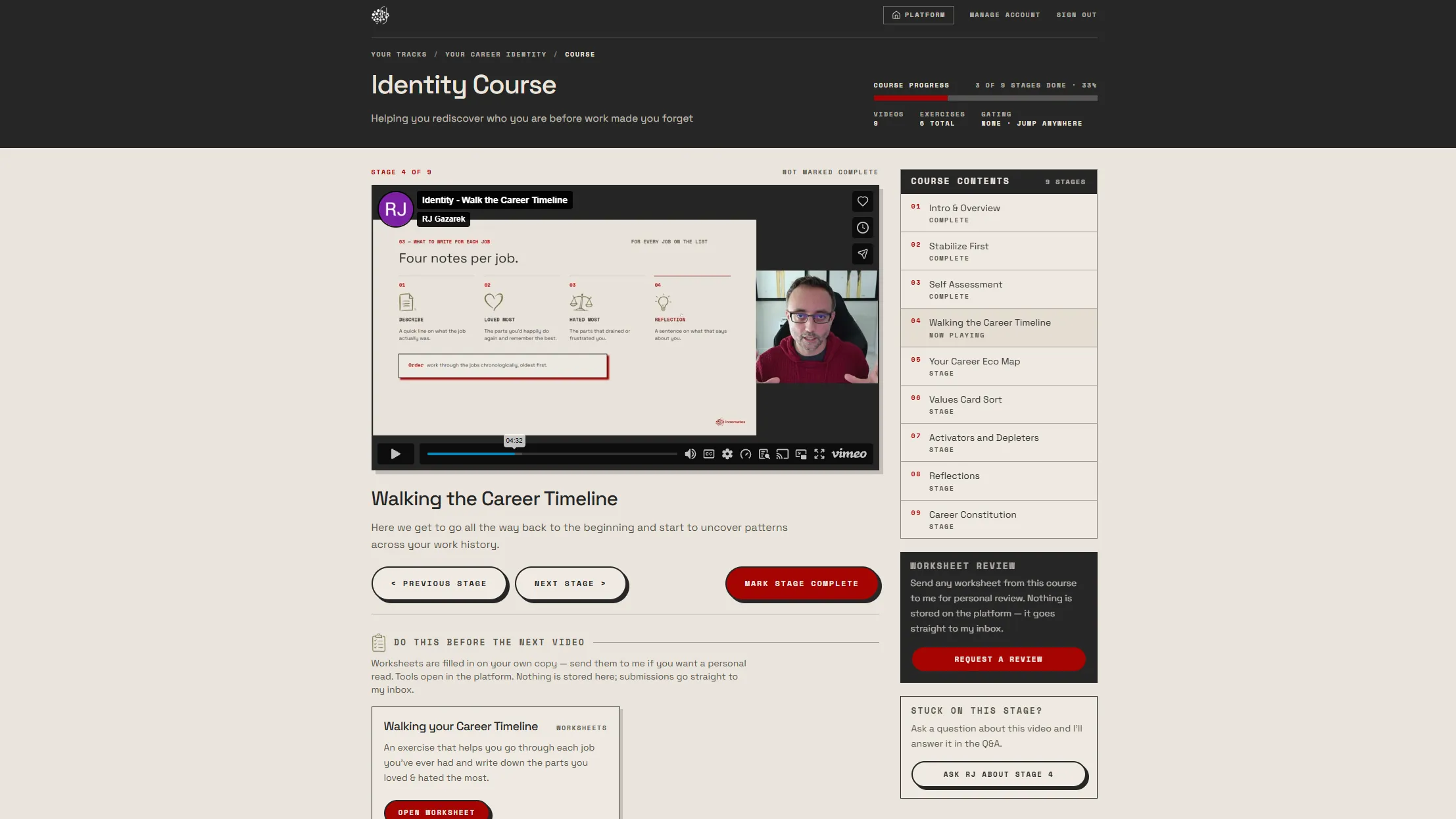 The Innervates platform, showing a stage of the Identity Course: a video lesson, its worksheet, and a nine-stage course outline with progress tracked alongside.